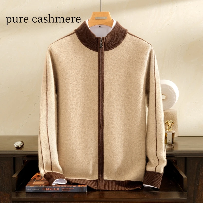 عالية الجودة 100% سترة الكشمير المعنقة الرجال نصف عالية الرقبة سستة سترة 2025 الخريف/الشتاء سميكة الدافئة المتناقضة سترة