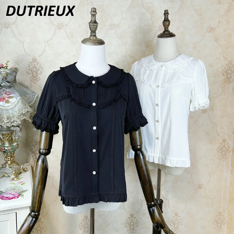 Japanese Lolita Style Sweet Base Blouse Inner Doll Collar Lace Shirt Summer Solid Color Puff Short Sleeve Cute Girl Tops