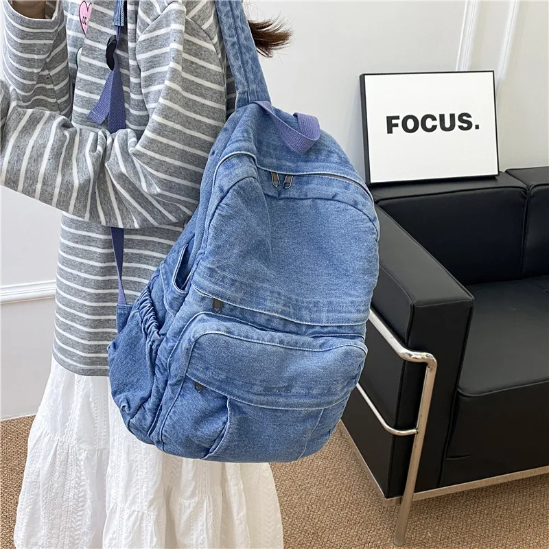 Denim Vintage Backpack Women Shoulder Bag Large Capacity Jeans School bags Female Daily backpack Simple Laptop backpacks Mochila
