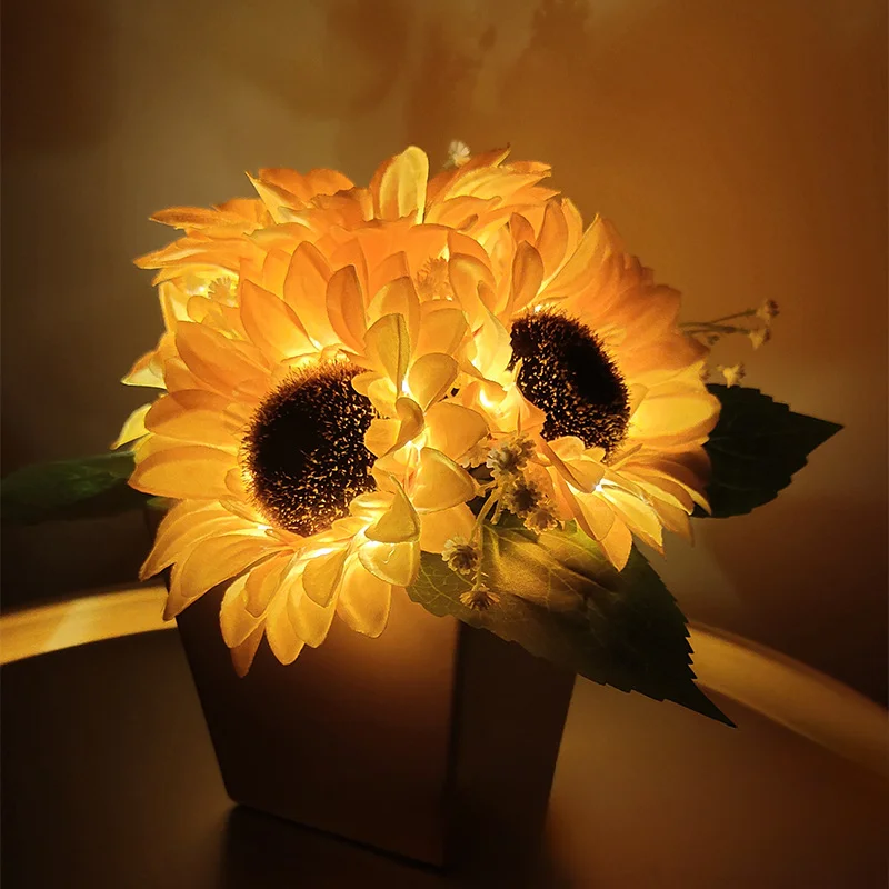 Popular Sunflower Pot Light Indoor Decoration Sunflower Simulation Flower Decorative Desktop Led Pottery Atmosphere Night Light