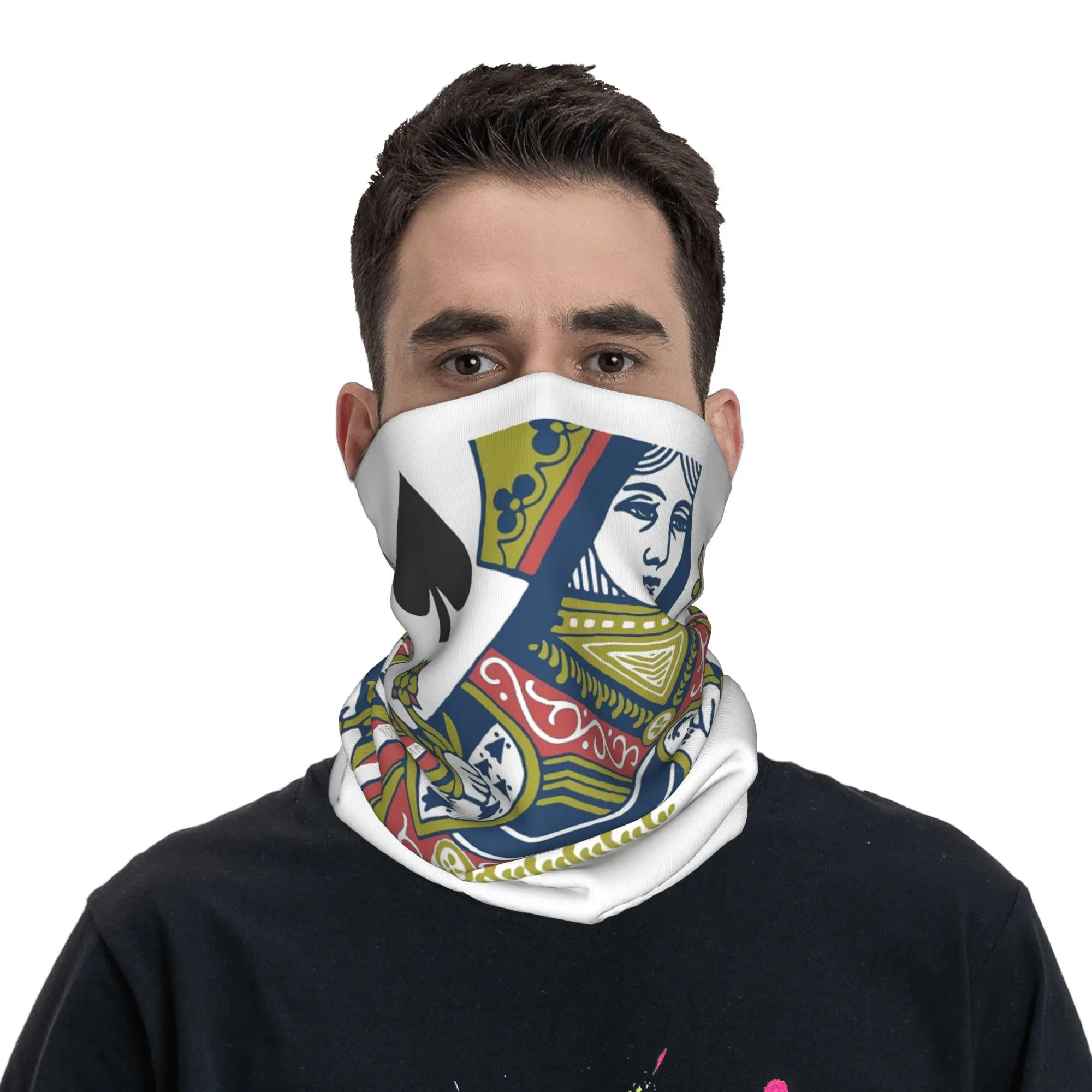 بطاقة اللعب - غطاء رقبة Queen of Spades Bandana مطبوع للوجه، وشاح دافئ لركوب الدراجات للجنسين للبالغين طوال الموسم