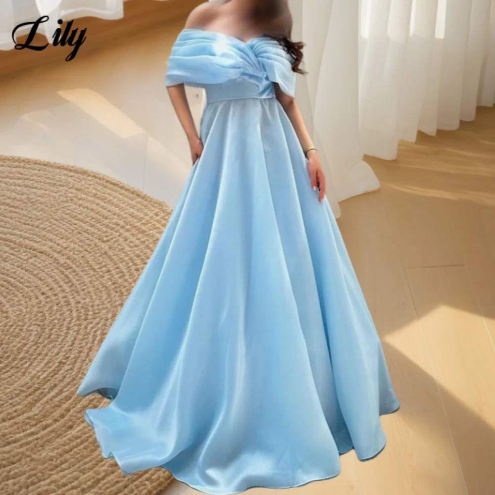 

Lily Sky Blue Elegant Prom Dresses Organza Off the Shoulder Prom Gown Pleats Corset Back Long Ball Gown robe de bal Customized