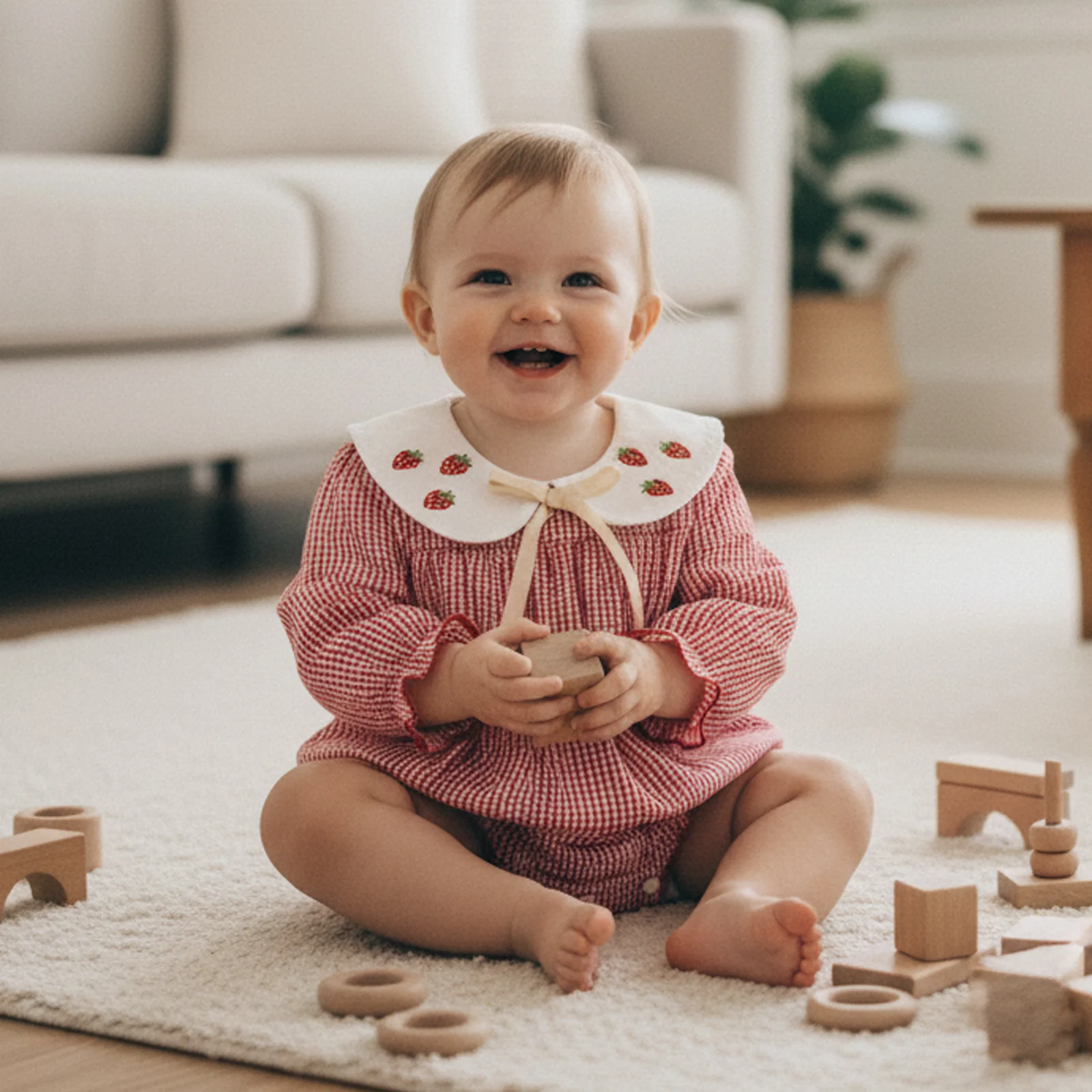 Infant Baby Girl Spring Fall Casual Romper Long Sleeve Doll Collar Bow Decor Strawberry Embroidery Plaid Jumpsuit