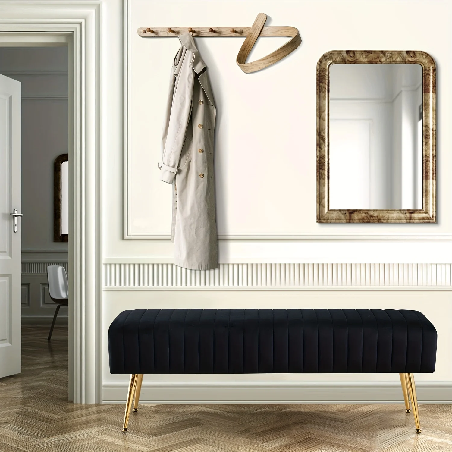 Luxury Shoe Changing Bench with Gold-Plated Legs & Velvet- 44-Inch Bedside Entryway Furniture