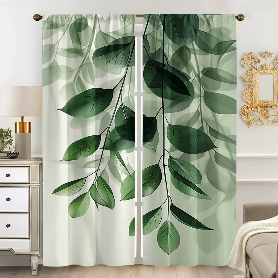 2 Stück mehrfarbige Vorhänge mit grünem Blattmuster, Stangentaschen-Design für Schlafzimmer und Wohnzimmer