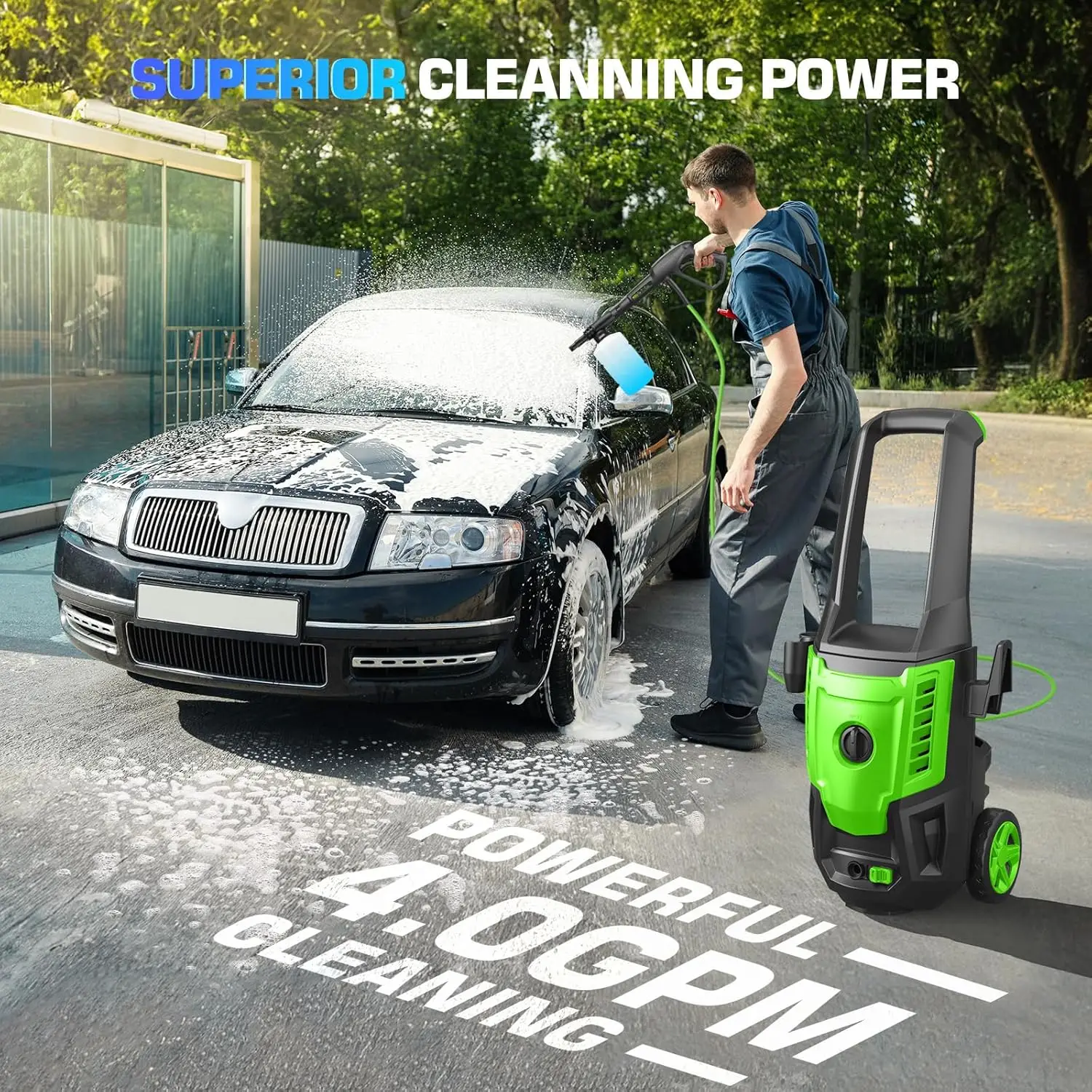 Krachtige drukreiniger met 4 mondstukken en zeepfles - Groen