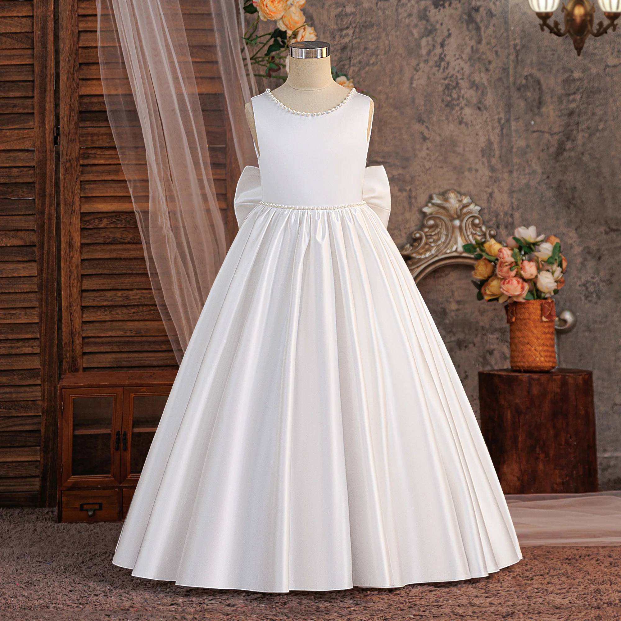 Satin Brautjungfernkleid für Partys, Weihnachtskostüm, Schleife, Taufe, Hochzeit, Prinzessinnen-Ballkleid, Mädchen-Gala- und Neujahrs-Abendkleid – Detail 5