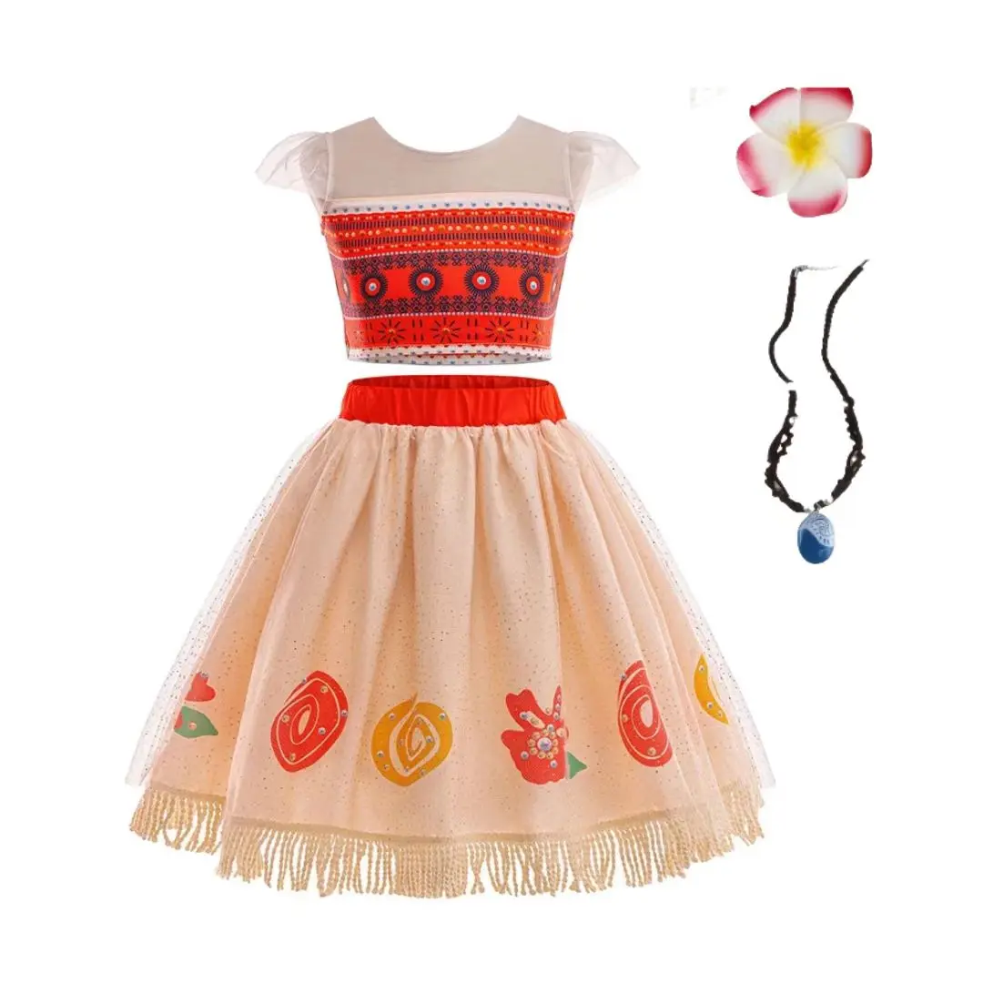 Neckholder-Kleid für Mädchen, Cosplay, Ozean-Urlaub, Prinzessinnen-Kostüm, 3–10 Jahre altes Mädchen, bedruckt, kurzärmeliges Oberteil, Netzstoff, halber Rock