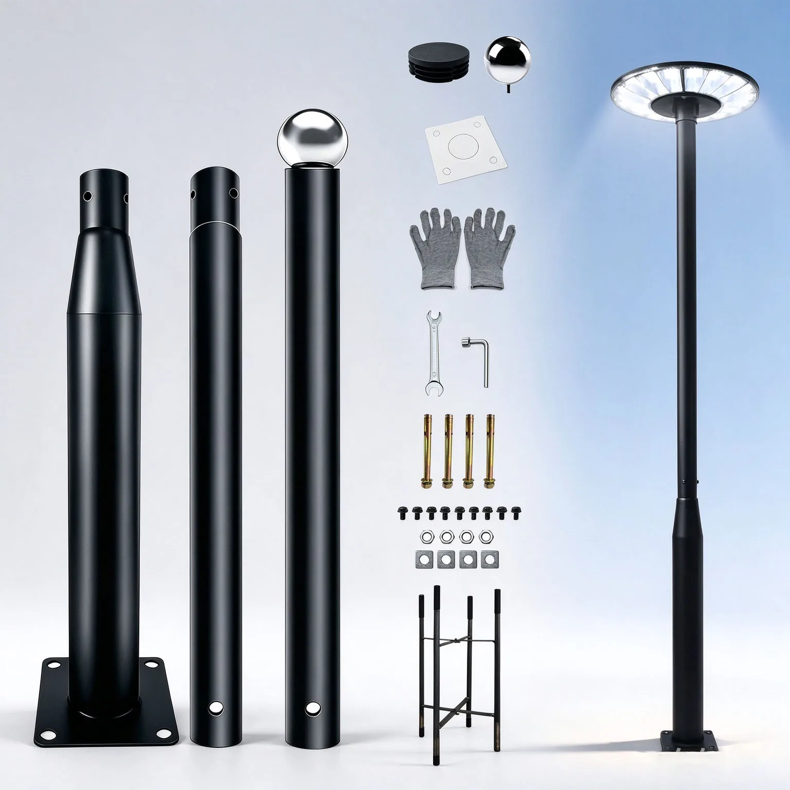 10FT 13FT 16FT Segmented Black Galvanized Steel Lamp Post Windproof Rust Resistant Modular Street Light Support Pole with Full Installation Kit for Garden & Parking Lot Parks