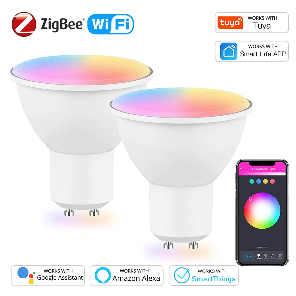 COOLO Tuya ZigBee GU10 WIFI Smart LED Bulbs RGB C+W White Dimmable Lamps Smart Life APP Control Light Bulbs Voice Alexa/Google