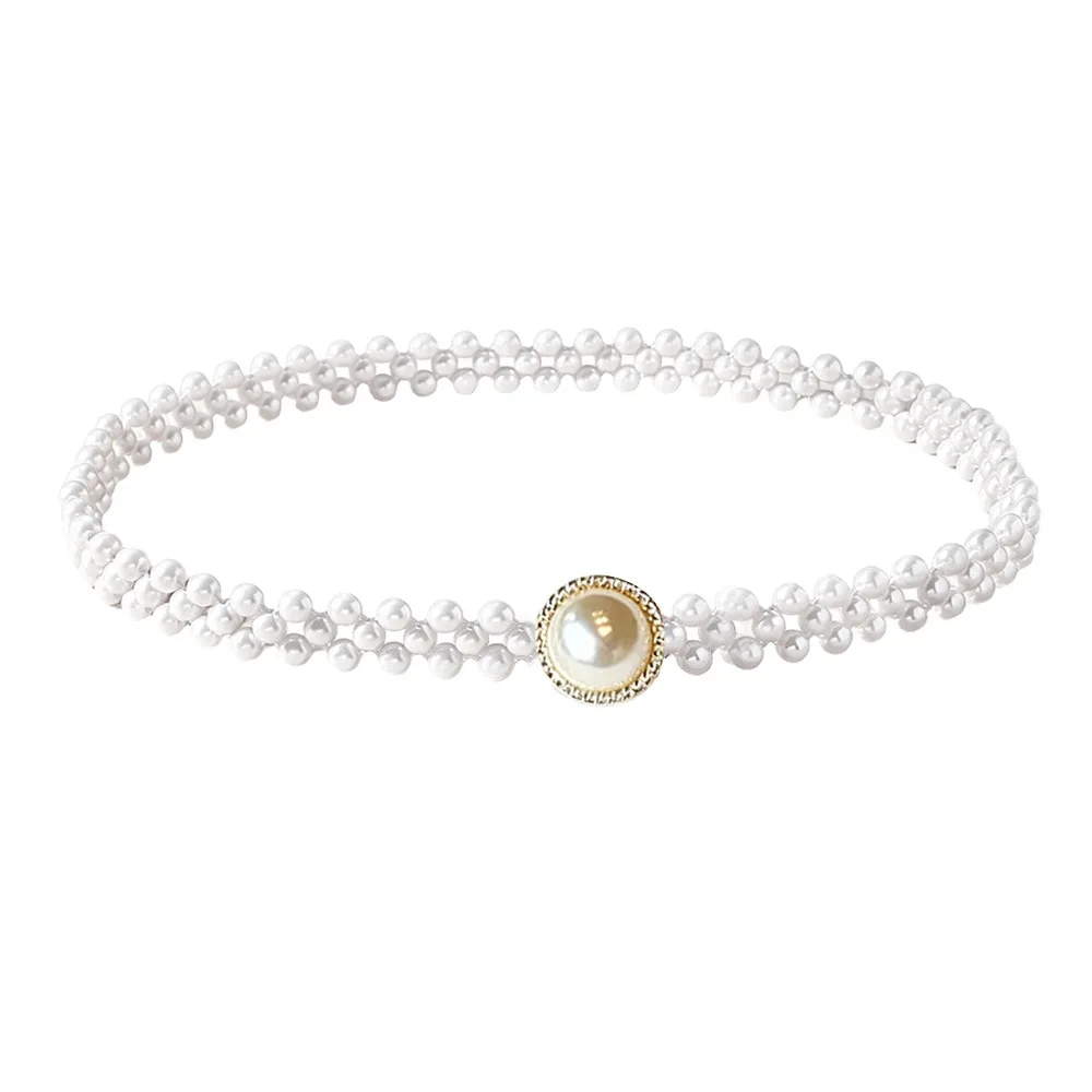 Pearl Beads Pearl Waist Chain Thin Narrow Style Stretch Elastic Band Beaded Slim Belt Rhinestone Inlaid Pearl Strung Design