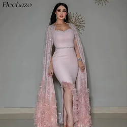 Flechazo Pink Prom Dresses 2-Piece Strapless Feathers Shiny Beading Open Back Formal Occasion Dress For Women 2024 فساتين السهرة