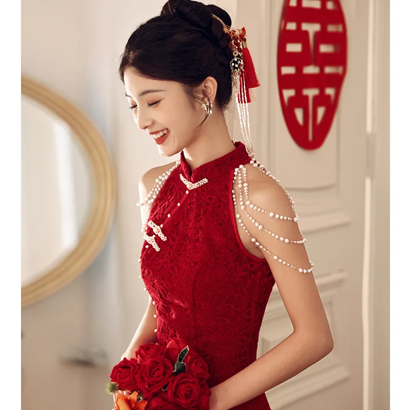 Sexy Cheongsam Toast Clothing Summer Small Engagement Dress Wine Red Lace Chinese Style Young Slim Women Qipao Wedding Dress