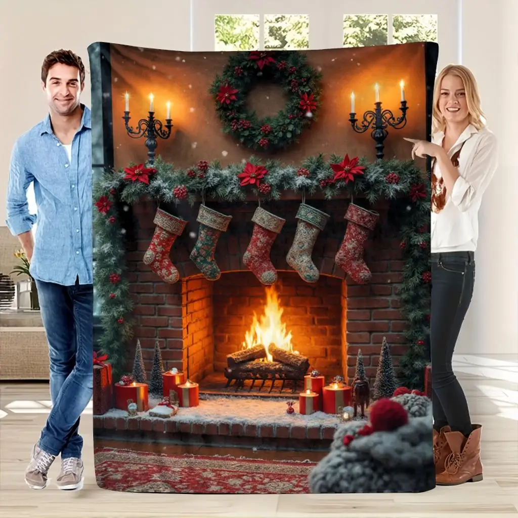 Cozy Christmas Flannel Throw Blanket - Vintage Fireplace with Stockings, Garland & Poinsettias - Soft Warm Red Green Holiday Bla