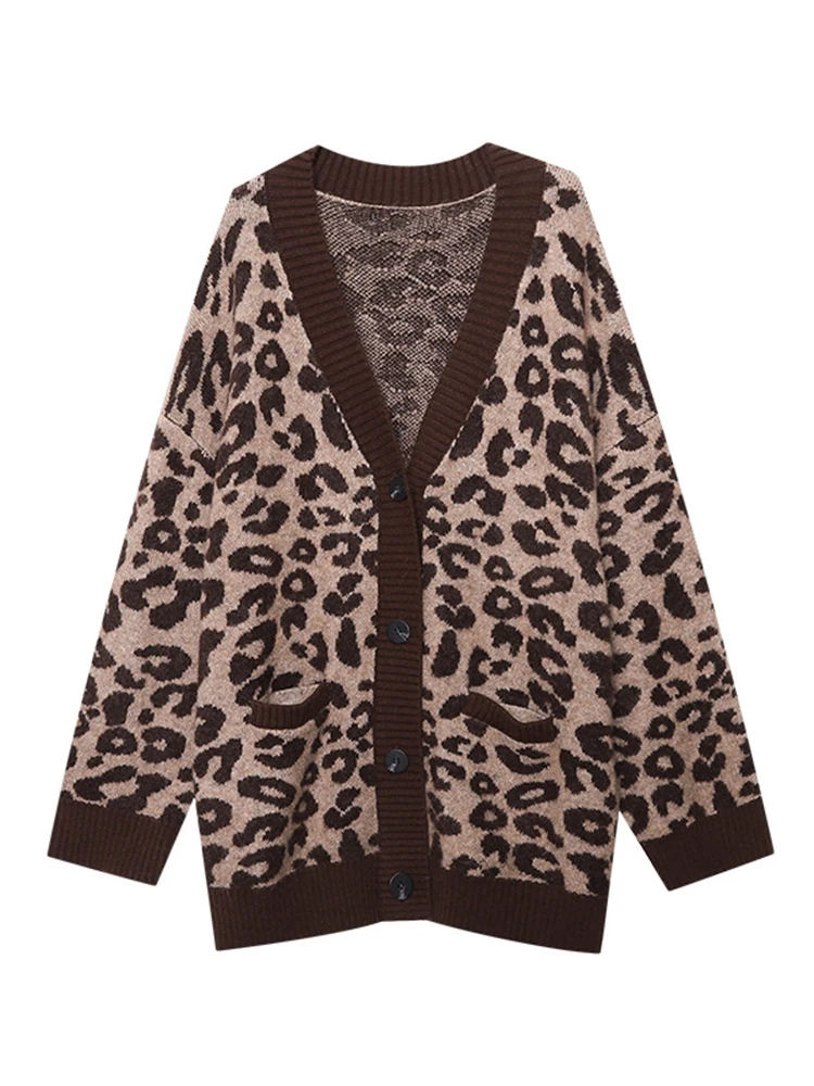 BZVW fashion leopard print temperament knitted cardigan women\'s 2024 autumn new v-neck single breasted loose sweaters 25A8979