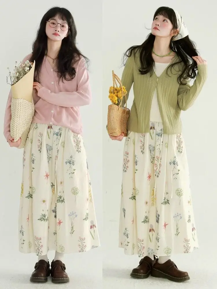 Beige Green Floral Printed Full Skirts Mori Girls Sweet Elastic Waist Long Skirt College Preppy Korean Fashion Dresses Summer