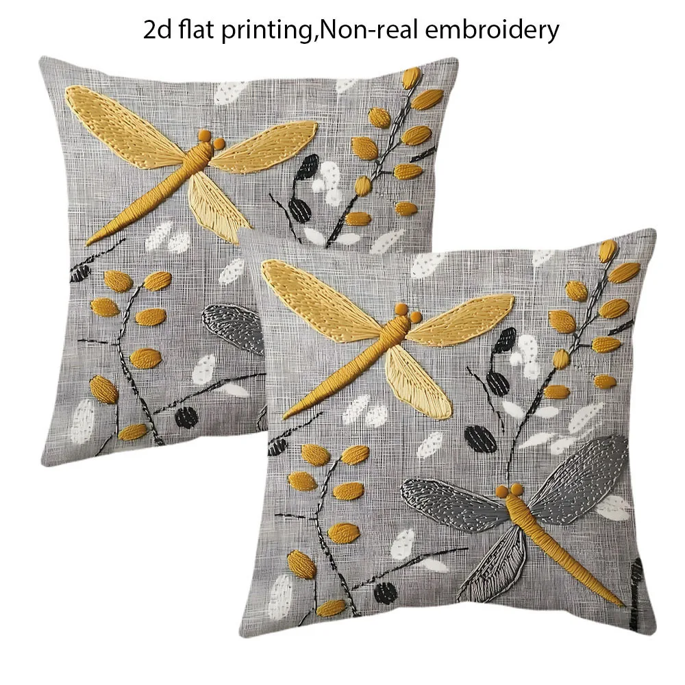 2pcs Yellow Grey Dragonfly Floral Throw Pillow Covers Farmhouse Home Decor