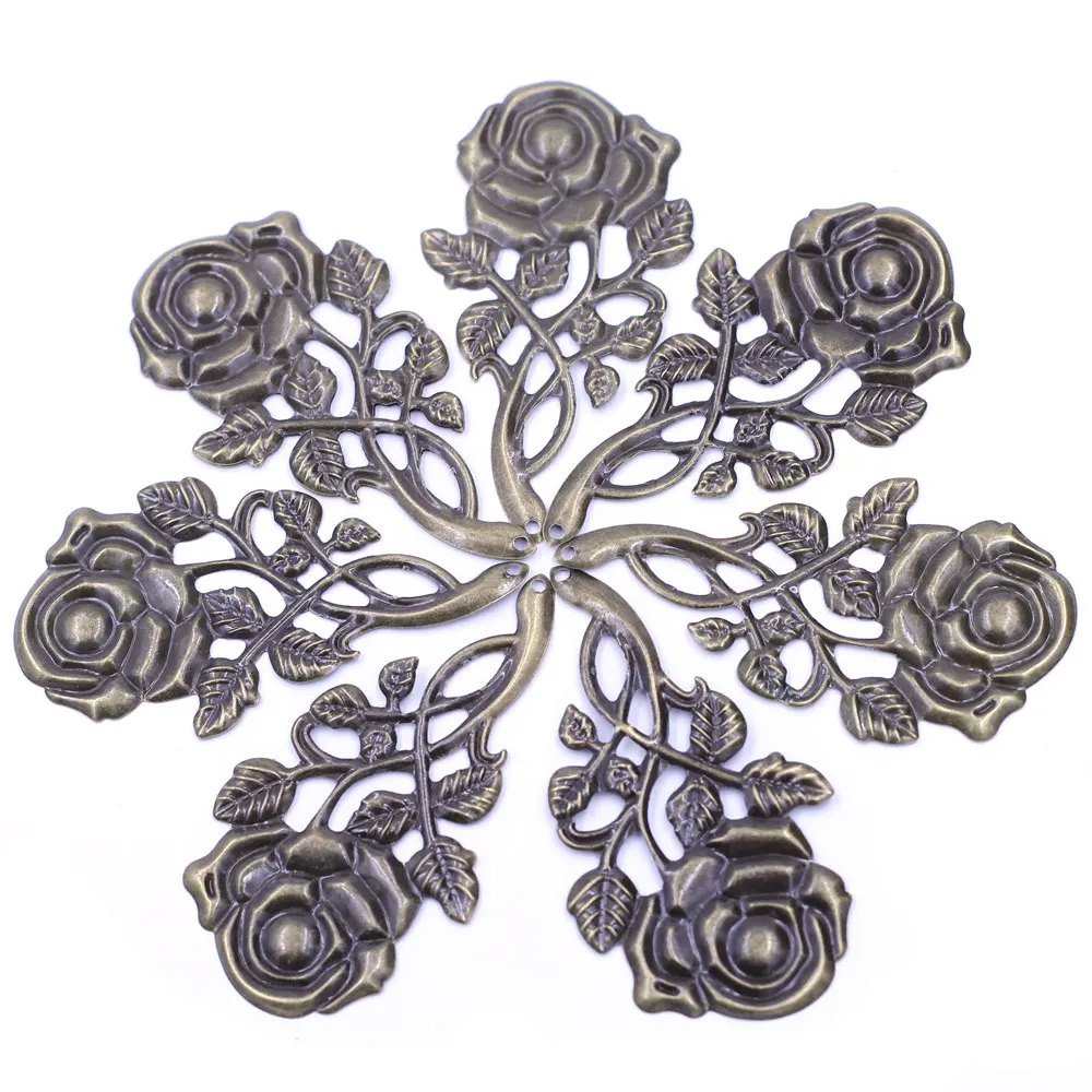 10Pcs Embellishments Rose Flower Pattern Filigree Wraps Alloy Vintage Bronze Tone Pendants Jewelry DIY Finding 77mm