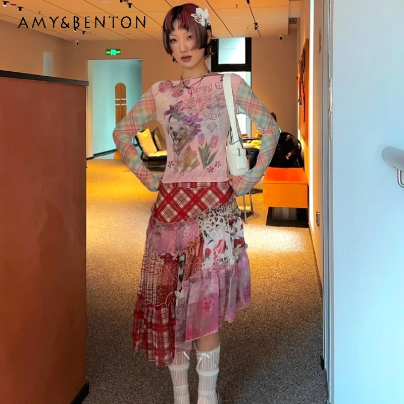 

2025 Autumn New Pink Irregular Splicing Plaid Print Women's Skirt Vintage Design Loose Casual Versatile Layered Skirts Ladies
