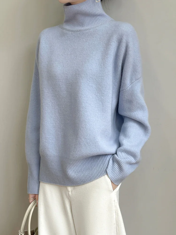 

100% Merino Wool New Women Turtleneck Pullover Sweater Autumn Winter Soft Warm Casual Cashmere Knitwear Solid Loose Korean Tops