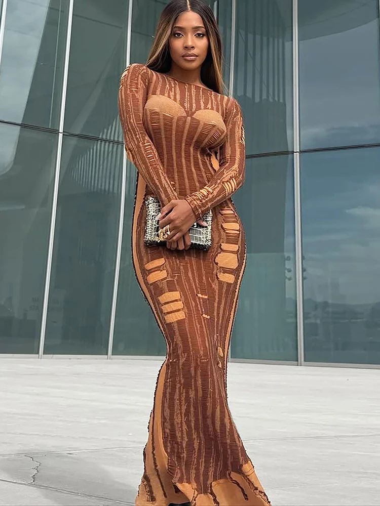 Weird Puss Bikini-Print Langes Kleid Damen Herbst-Trend Gestreiftes Patchwork O-Ausschnitt Langarm Eng Anliegend Stretch Street-Style Vestidos – Detail 17