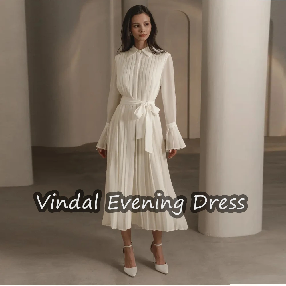 Vindal U-Ausschnitt A-Linie Abendkleid Tee Länge Chiffon elegante eingebaute BH Saudi-Arabien lange Ärmel für Frau 2024