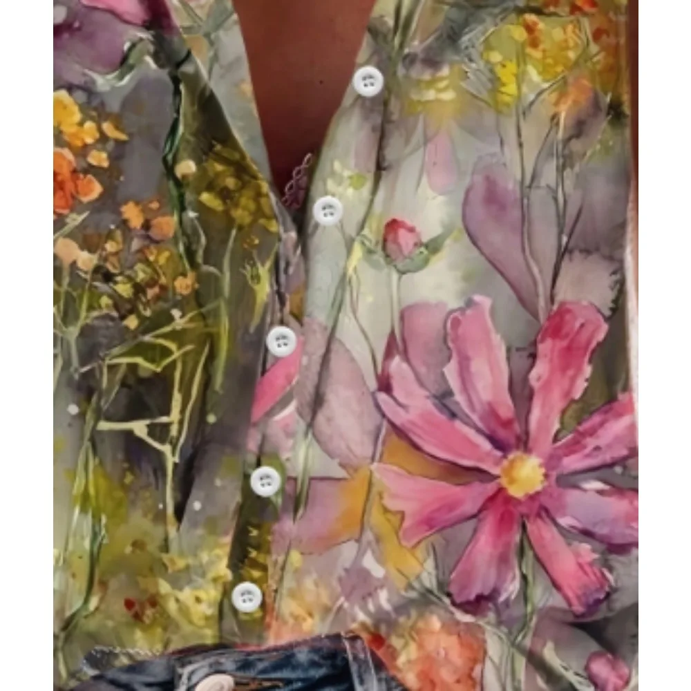 Плюс размер 1XL-5XL, новая летняя женская модная блузка без рукавов с принтом спереди и пуговицами, майка