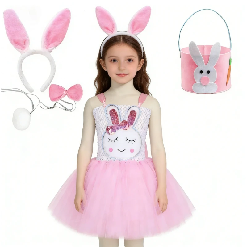 

Pink Rabbit Festive Dress for Girls Halloween Fancy Dress Up Clothes Toddler Kids Easter Birthday Party Tulle Tutu Dress Outfit