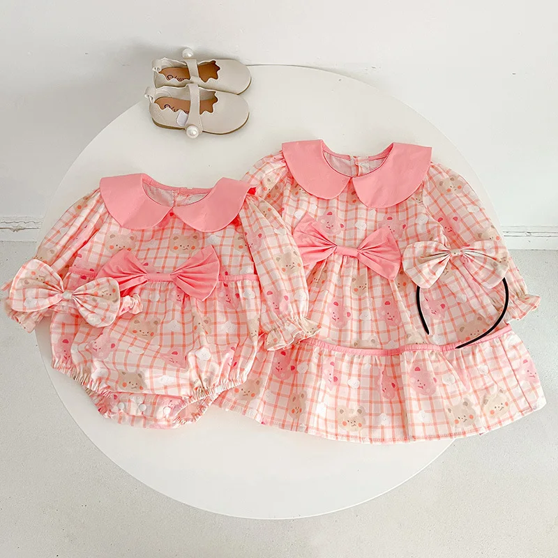 Big Sister Little Sister Clothes Twinset Girls Clothing Baby Body Pink Children Plaid Long Sleeve Dress Bow Newborn Cute Romper