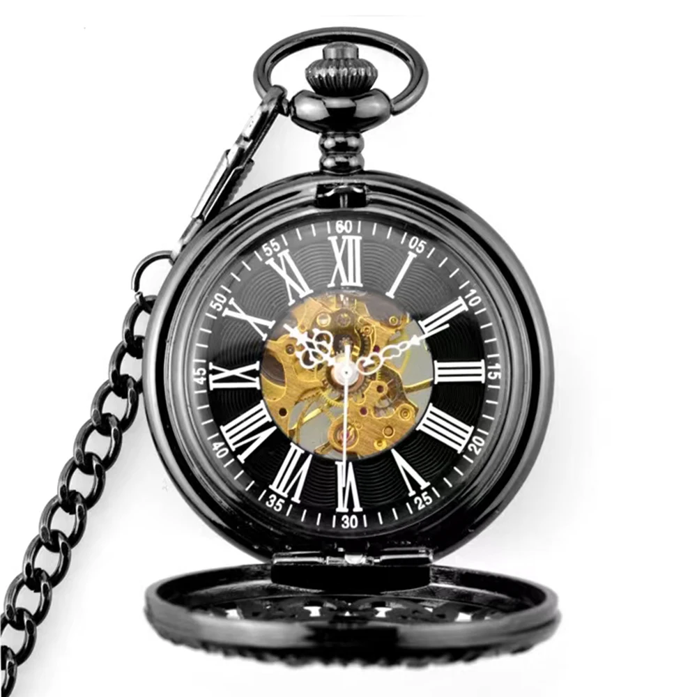 Luxury Mechanical Pocket Watch Hollow Case Roman Number Dial Mens Hand Wind Mechanical Pocket Watch With FOB Chain