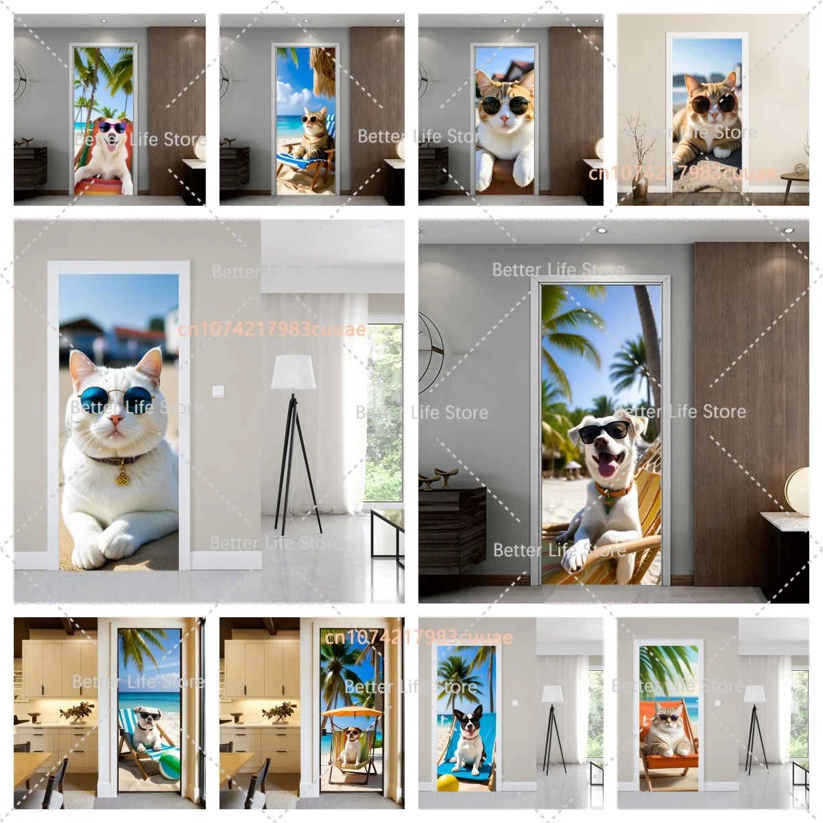 Seaside Kitten and Puppy Wearing Sunglasses Door Stickers for Living Room Bedroom Wallpaper Self-adhesive Removable Vinyl Murals