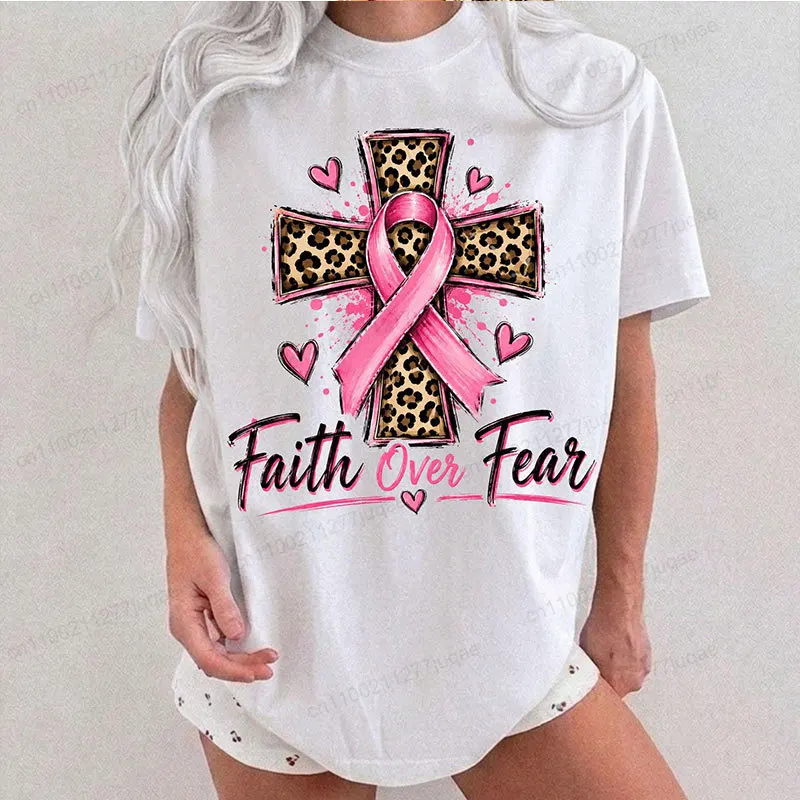 Leopard Faith Over Fear Breast Cancer Women's T-Shirts in October We Wear Pink Tees Pink Ribbon Awareness Tee Tshirts Gifts