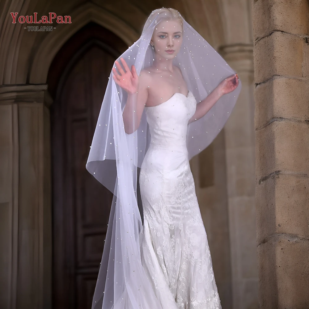 YouLaPan Luxury Pearl Double Bridal Blush Veil Cream White Soft Tulle Velos De Novia Lujo 2024 Complementos De Boda V08