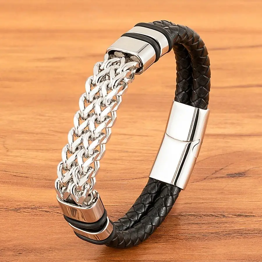 XQNI Men Leather Bracelets Braided Rope Chain Stainless Steel Wristband Gifts for Father Magnetic Buckle Bracelets Punk Jewelry