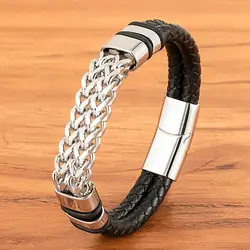 XQNI Men Leather Bracelets Braided Rope Chain Stainless Steel Wristband Gifts for Father Magnetic Buckle Bracelets Punk Jewelry