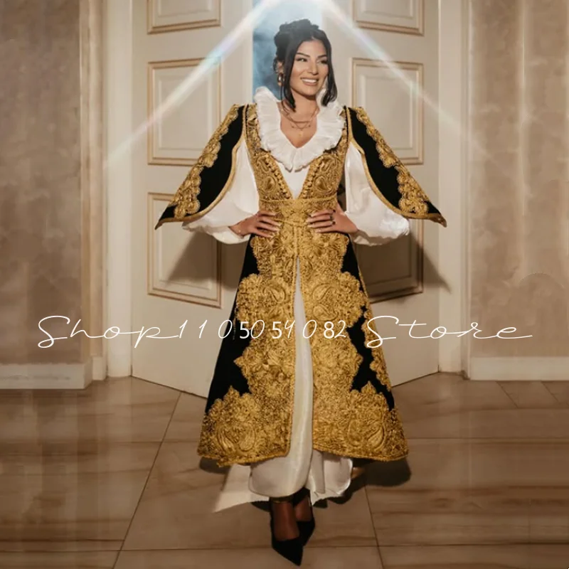 Luxurious Traditional Kosovo Wedding Gown V-neck Moroccan Velvet Gold Embroidered Belt Special Occasion Bridal Gown Customized