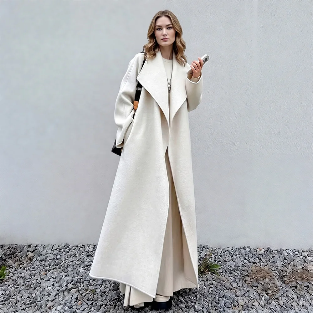 New Women Elegant Solid Color Wool Blends Coat Autumn Winter Fashion Chic Turn-down Collar Open Stitch Simplicity Long Coat