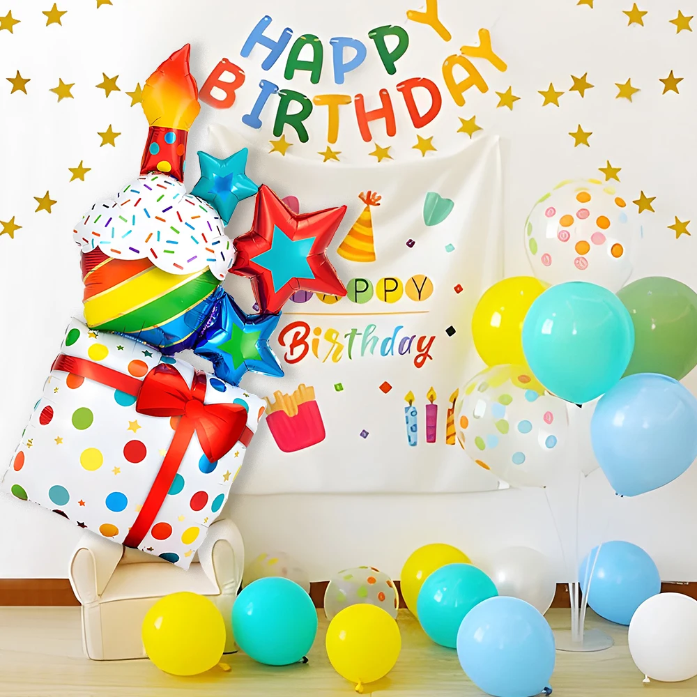 1 Piece Cake Gift Box Aluminum Foil Balloons Kidsren\'s Birthday Party Decoration, Happy Birthday Cake Decoration Balloons