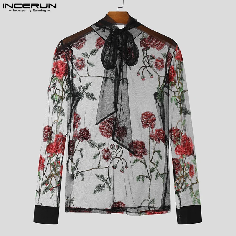 INCERUN Men T Shirt Flower Embroidery Turtleneck Long Sleeve Men Clothing Streetwear 2023 Tie Up Transparent Camisetas S-5XL