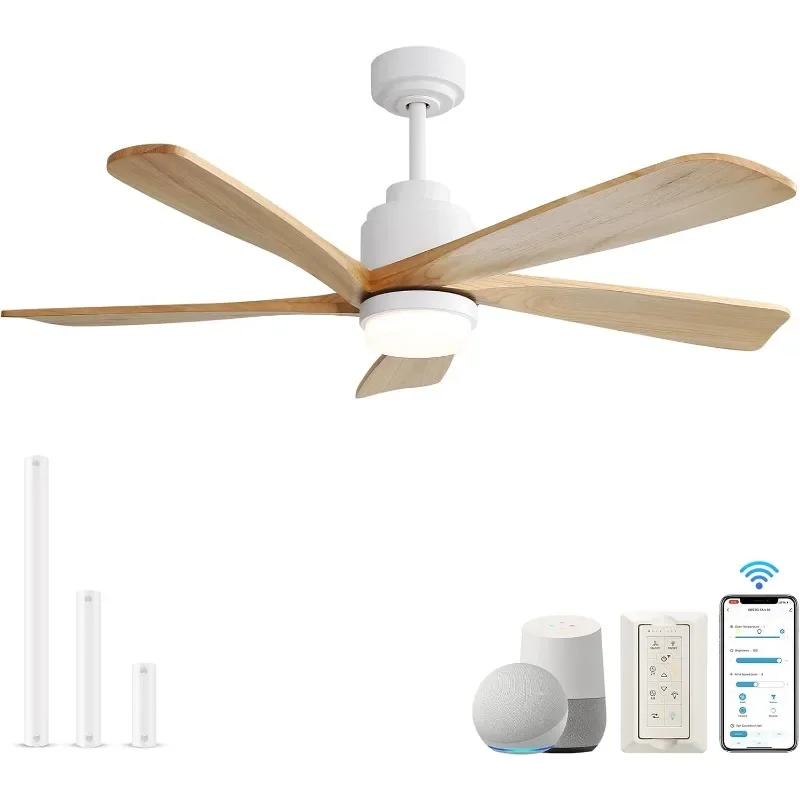 Smart Ceiling Fan with Lights, 52 Inch Low Profile Flush Mount Mordern Wood Ceiling Fan with Remote for Indoor Farmhouse Bedroom