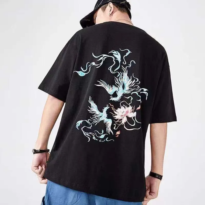 

Guochao Chinese Style T-shirt Men's Summer Thin Loose Large Size Youth Embroidery Short Sleeve Phoenix Pattern Fashion Brand Hal