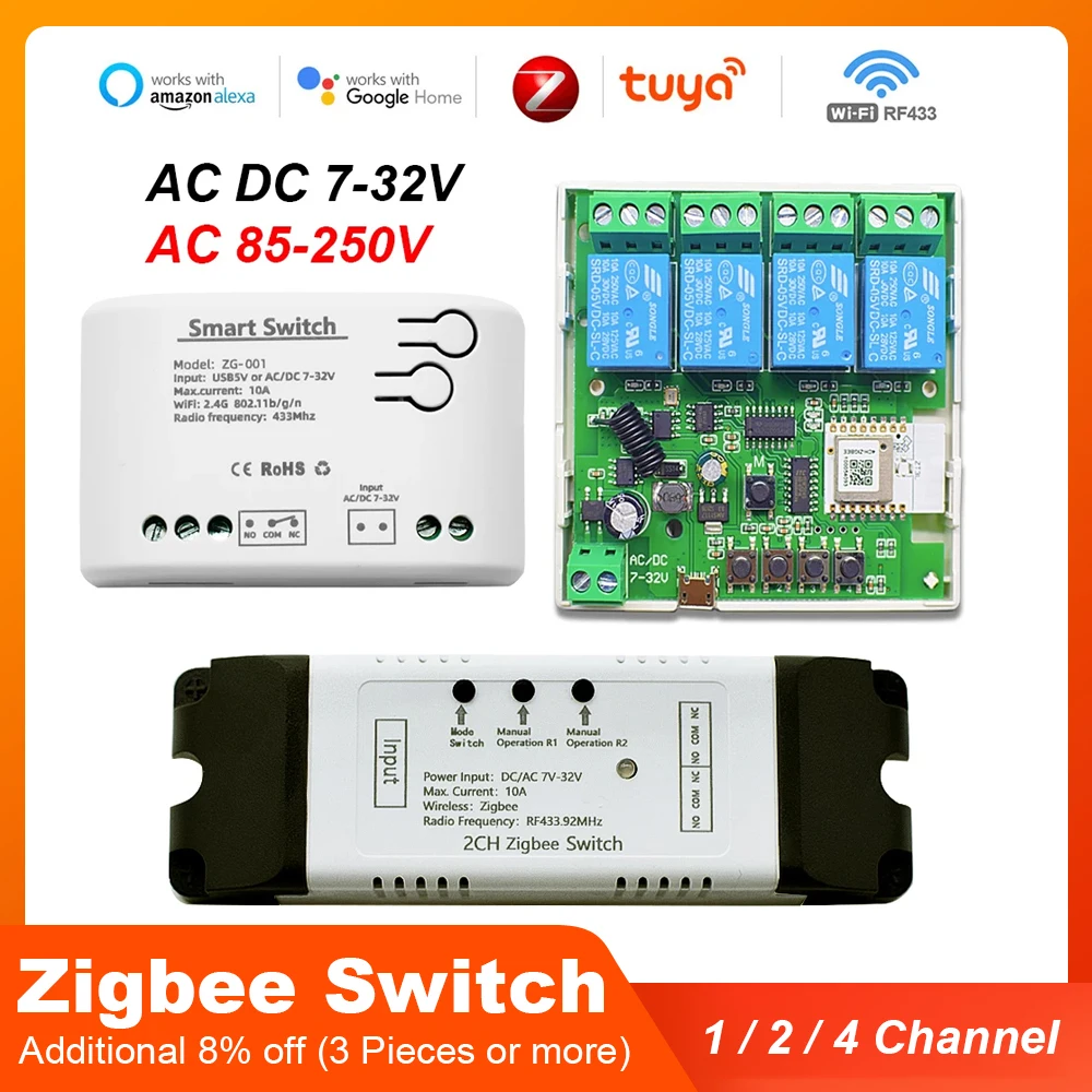 Zigbee-Tuya 스마트 릴레이 모듈 On Off 컨트롤러, 1/2/4CH DC5V 7-32V AC 220V RF433Mhz, 원격 제어 조명 스위치 alexa와 함께 작동,지비헤 브레쿠에레드 