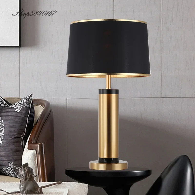 Modern Copper Table Lamp Minimalist Beside Lamp for Bedroom Living Room Foyer Decor Study Desk Light Fabric Lampshade E27 Lights