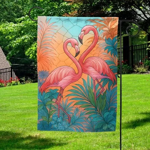 Pink Flamingo Garden Flag Stained Glass Look Beach Pool Yard Decor ZZY