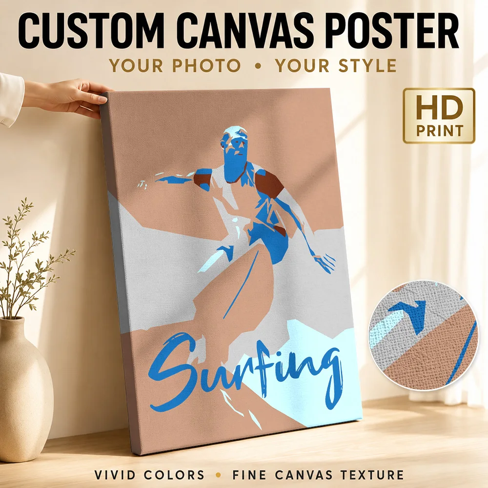 Surfer Silhouette Canvas Print Poster Custom Modern Aesthetic Canvas Wall Art for Bedroom Decor Collectible Ready to Hang Gift