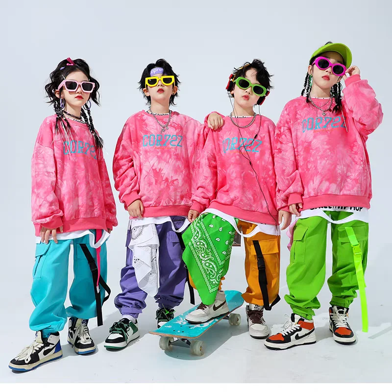 Mädchen Rosa Hip Hop Tie Dye Sweatshirt Street Dance Cargo Hosen Jungen Streetwear Kleidung Set Gruppe Jazz Bühne Leistung Kostüm