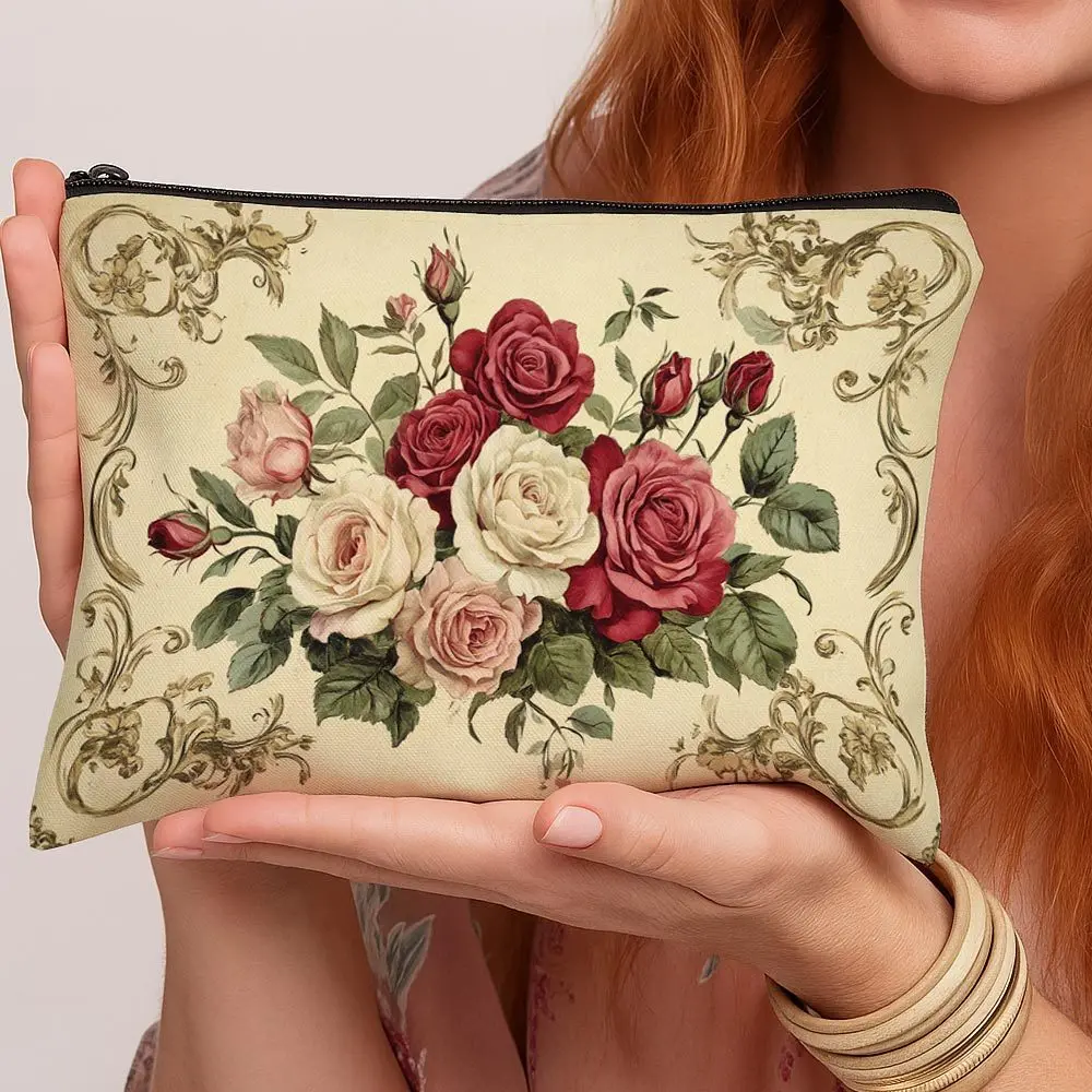 1 bolsa de maquillaje con estampado floral de rosas vintage, bolsa de cosméticos, perfecta para uso diario, viajes, almacenamiento de maquillaje, regalo elegante para amantes de las flores.