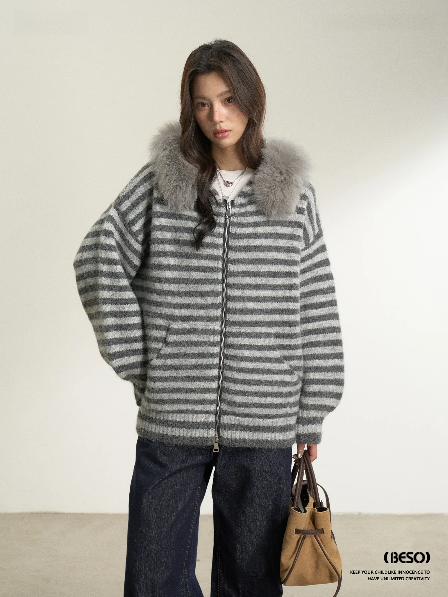 

BESOBER Original Striped Knitted Open Cardigan Eco-friendly Wool Collar Woolen Women's Loose Casual Warm Outerwear