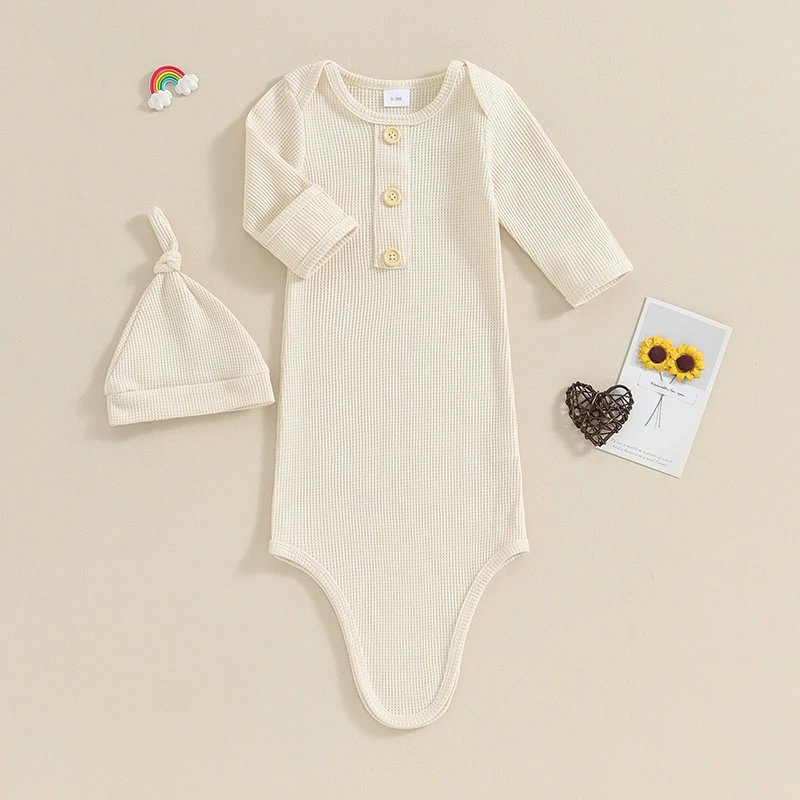 BULINGNA Newborn Baby Boys Girls Knotted Gown with Hat Set Unisex Infant Nightgown with Mittens Sleepwear  Pajamas