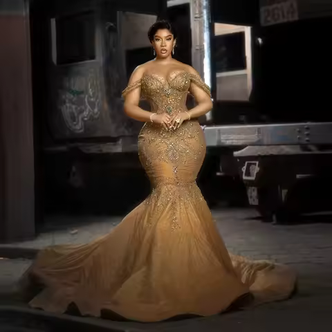 Graceful Gold Lace Evening Dress Plus Size African Wedding Reception Dress Aso Ebi Formal Party Gown Black Women Birthday Dress